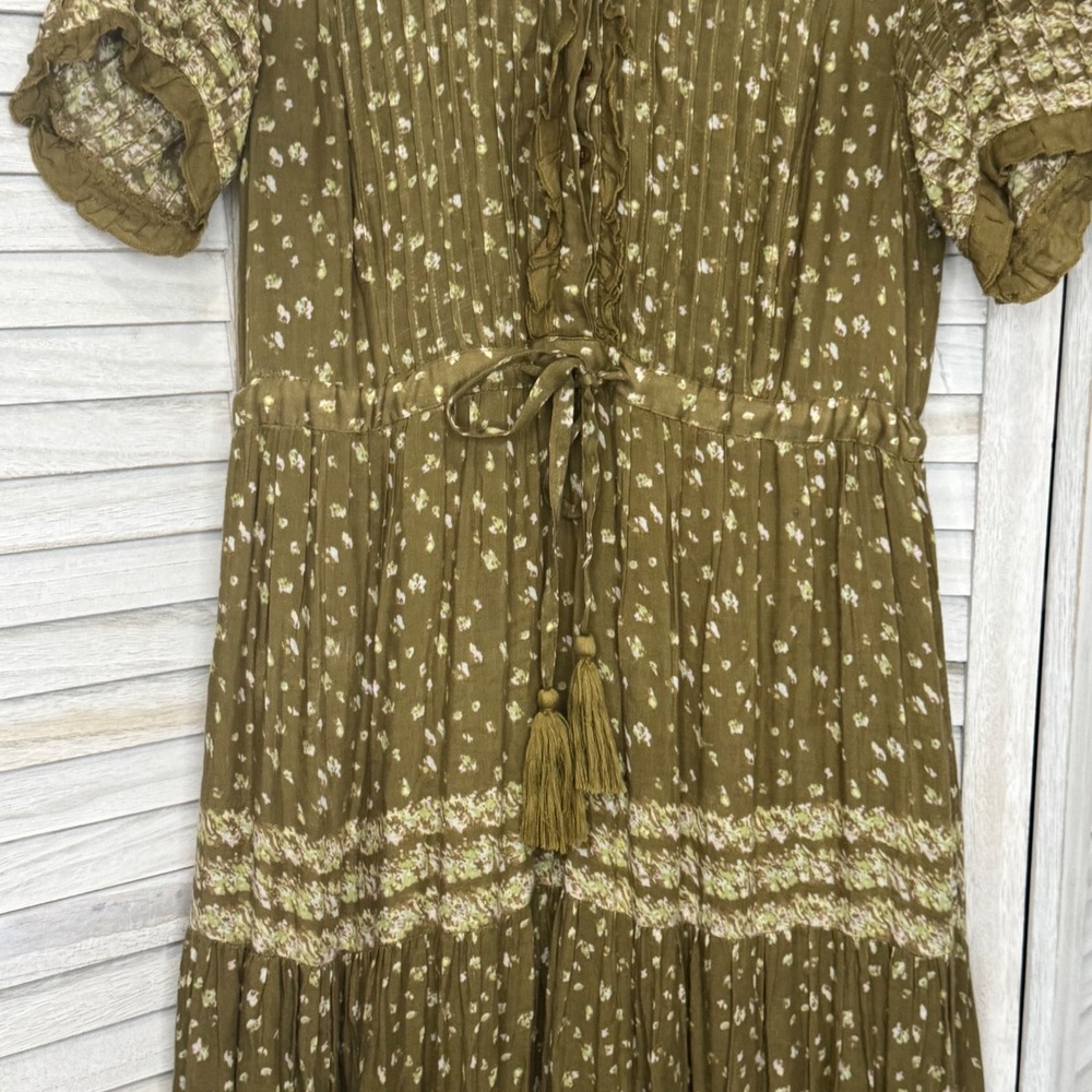 Free‎ People Rare Feelings Maxi Dress Olive Green Floral Boho Tiered Smocked S - Picture 5 of 13
